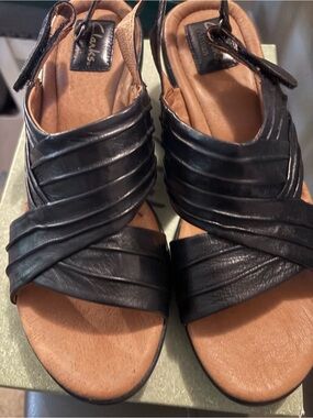 Clarks Black Leather Slide Sandals with Ruched Strap